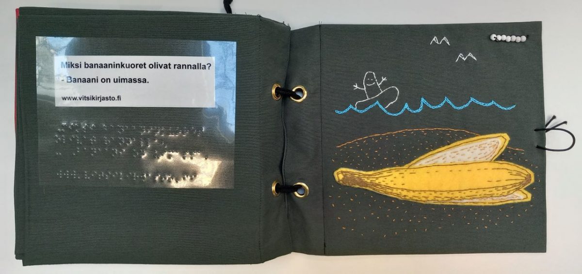 Annin kirja Hupsuja arvoituksia, banaanin kuoret rannalla ja banaani uimassa.